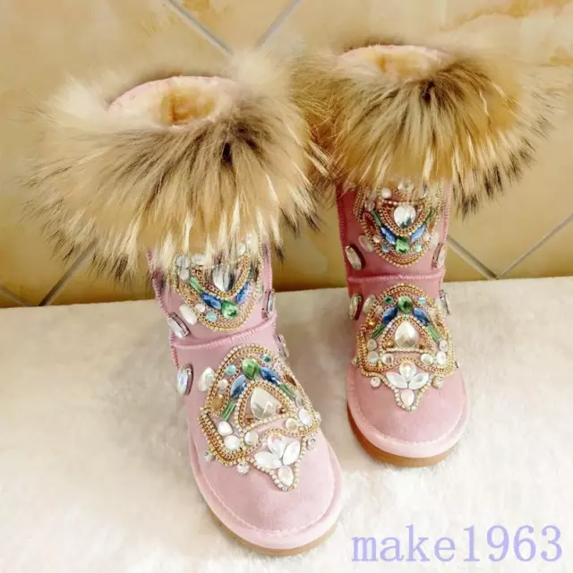 Women's Winter Thick Warm Snow Boots Real Leather Fox Fur Rhinestone Decor Shoes