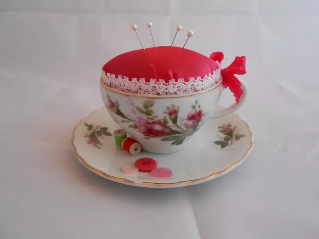 Cup and Saucer Pincushion, Handmade, Shabby Chic, Vintage Style, Pink, Sewing