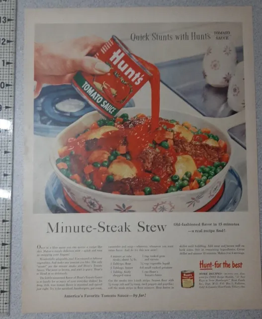 1957 Hunt's Vintage Print Ad Tomato Sauce Cooking Stew Floral Roast Frying Pan