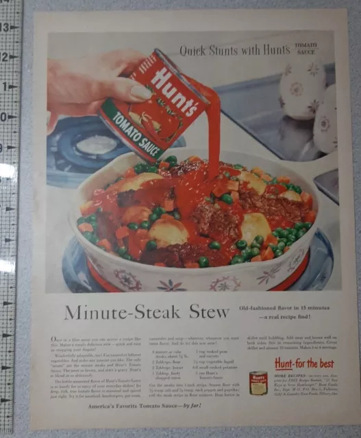 1957 Hunt's Vintage Print Ad Tomato Sauce Cooking Stew Floral Roast Frying Pan