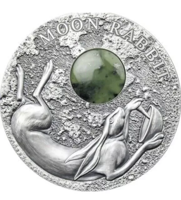 2021 Niue $2 Moon Rabbit 50 gram .999 Silver Coin w/ Jade Gemstone - Mintage 500