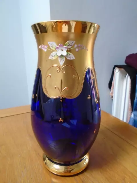 Vintage Czech Bohemian Cobalt Blue Vase With Hand Painted Applied Flowers 3