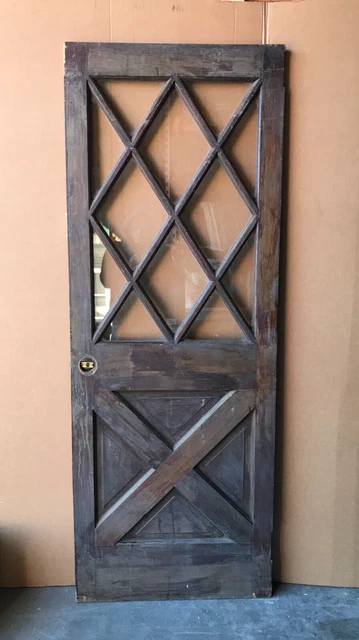 Antique Exterior  Door 12  Lite 30x81  Diamond Pane Glass VTG Old 292-23B
