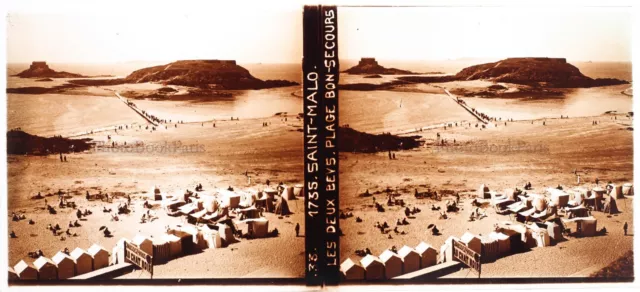 FRANCE Saint-Malo Plage c1920 Photo Stereo Plaque verre Vintage V24L11n