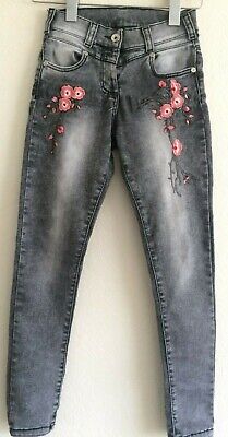 Girl's Tilly Jeans, slim/stretch leg, lightly faded/embroidered, grey, 10 years.