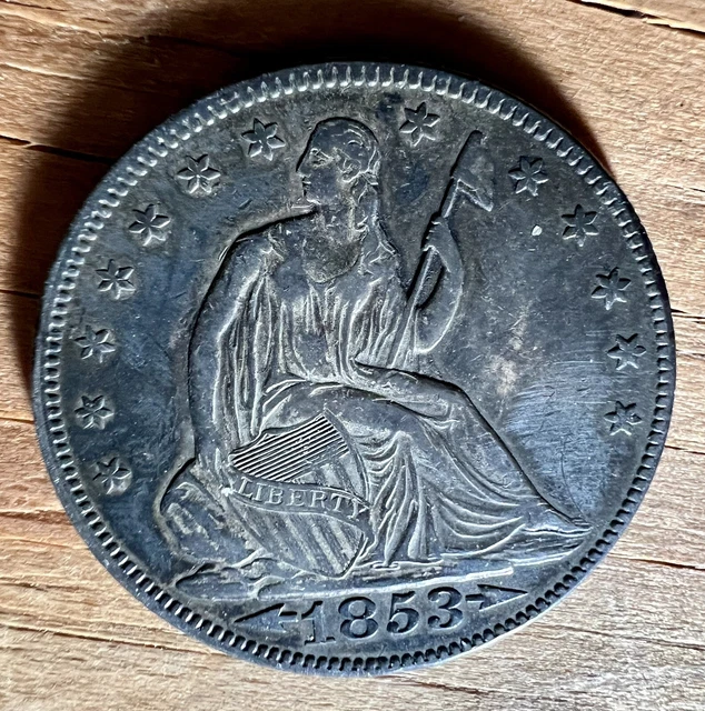 1853 Antique Seated Liberty Half Dollar 50c Arrows & Rays Rare Coin Toning *