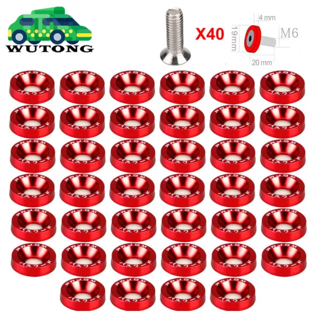 40 X JDM Billet Aluminum Fender Bumper Washer Bolt Engine Bay Dress Up Kit Red