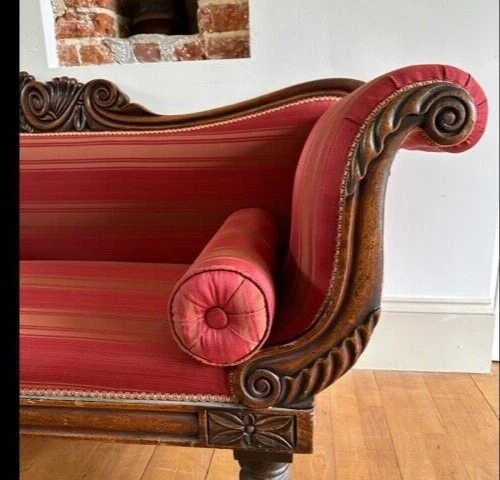 Regency scroll end Sofa statement piece, antique in dark pink regency stripe 3