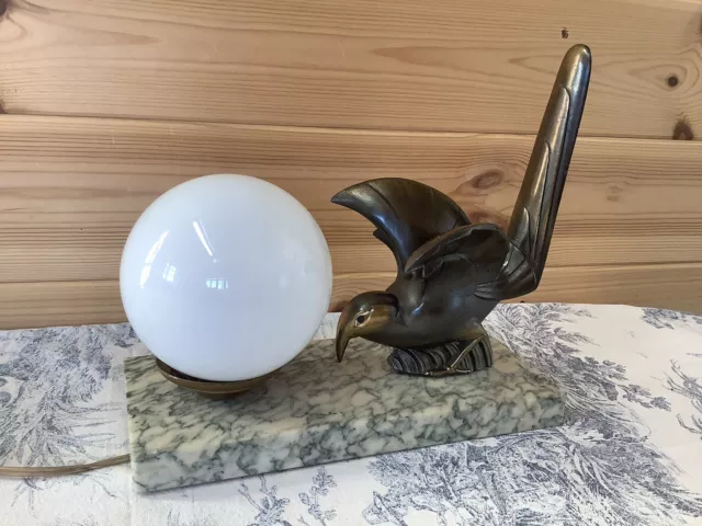 French Art Deco Marble Base Desk Table Lamp Light - Bird 2