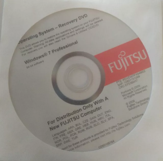 Microsoft Windows 7 Pro fujitsu DVD 64 bit francais + dvd drivers manuel