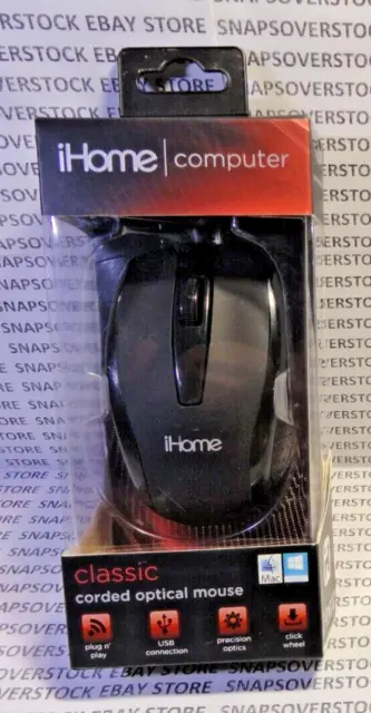 Ihome Computer Black Color Classic Usb Corded Optical Mouse, New, Free Ship