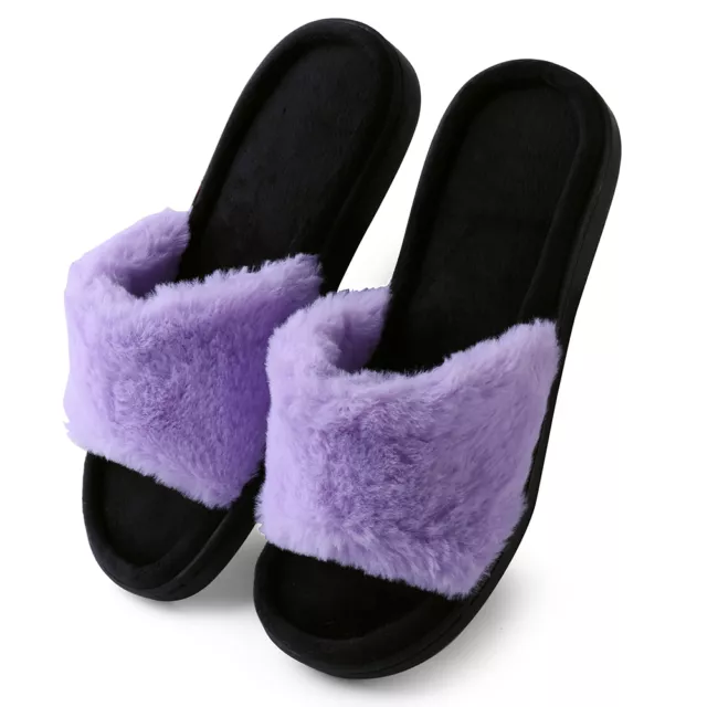 Aerusi Women Open Toe Faux Fur Fuzzy Slide Anti-Slip Slippers Cozy House Shoes