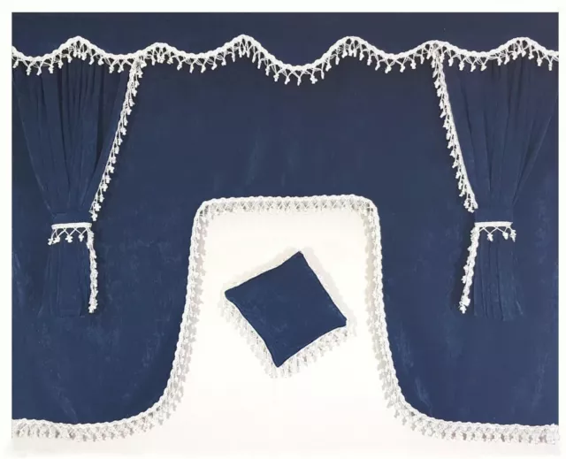 Rideaux bleus universels 5 pièces, pour tous camions, pompons blancs