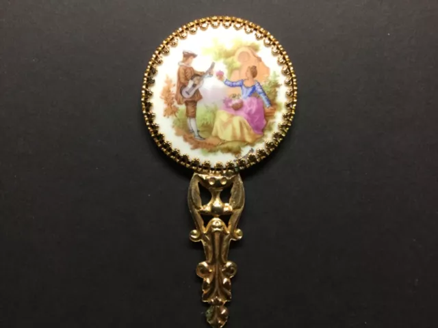 Ancien Miroir De Sac En Porcelaine De Limoges Et Métal Doré