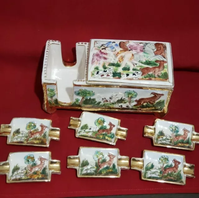 RARE Capodimonte Murmac Hunting Scene Porcelain Cigarette Box & 6 Ashtrays Italy