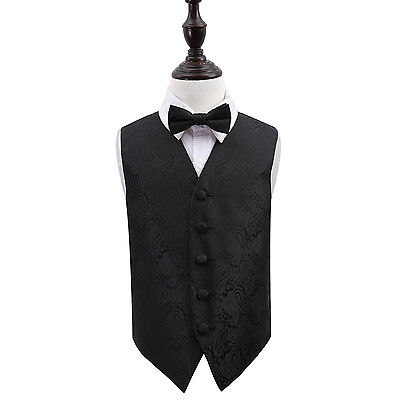 Black Boys Waistcoat & Bow Tie Set Woven Floral Paisley Formal Wedding Vest