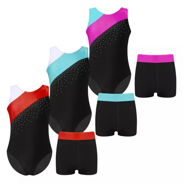 Kids Girls Shorts Decorated Dancewear Skating Leotard Contrast Color Set Round