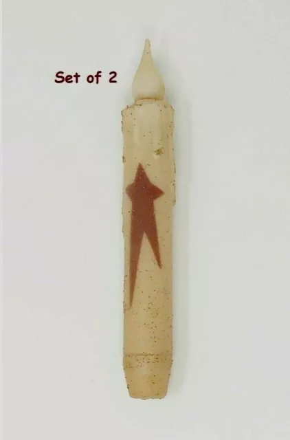 NEW RED Star IVORY TIMER Taper Candles 2 pc Primitive 6.5" Grungy Christmas LED