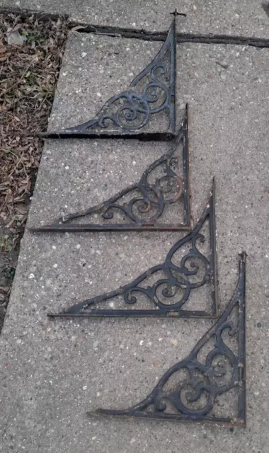 Antique / Vintage Ornate Cast Iron Wall Hanging Shelf Brackets Hardware Lot of 4