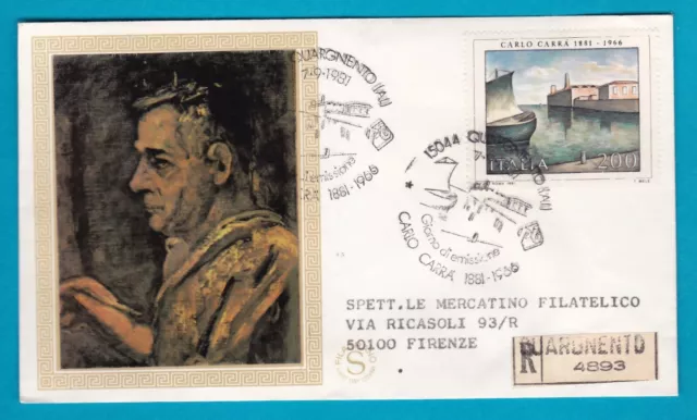 1981 FDC Filagrano Gold Carlo Carrà ann. spec. Quargnento racc. no timbro arr.