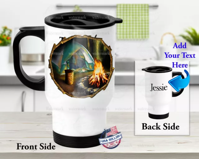Personalized Stainless Steel Tumbler 14oz Travel Mug Camping Tent & Fire Design