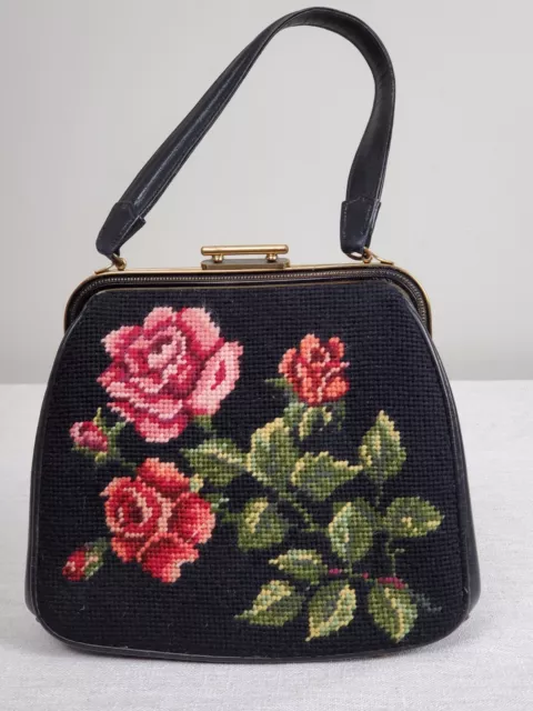 VTG EUC Harry Rosenfeld Designer Needlepoint Purse Roses Leather Handle & Sides VTG EUC Harry Rosenfeld Designer Needlepoint Purse Roses Leather Handle & Sides