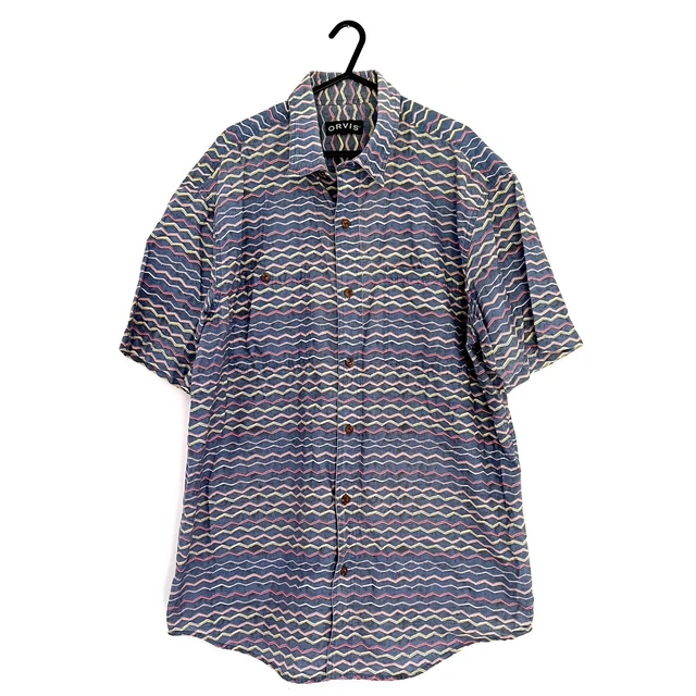 Camicia Orvis da uomo grande blu onde motivo astratto cotone maniche corte casual
