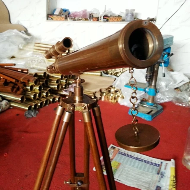 Télescope Vintage En Laiton - Gravures Florales, Pliable, Sangle Cuir, Décoration Bureau Ou Collection