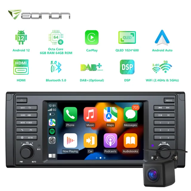 CAM+In Dash 7" QLED CarPlay 8Core Android 12 Car Stereo Radio CANBus for BMW E39