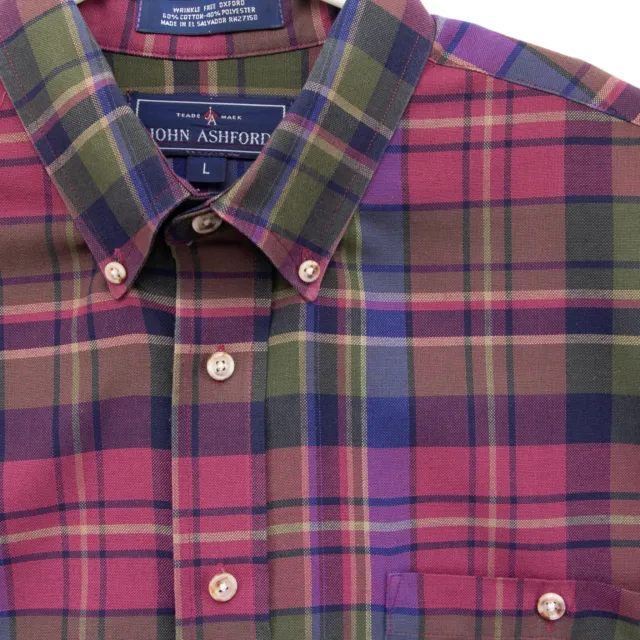 John Ashford Pink Purple Blue Brown Woven Plaid Cotton LS Shirt Sz L 2