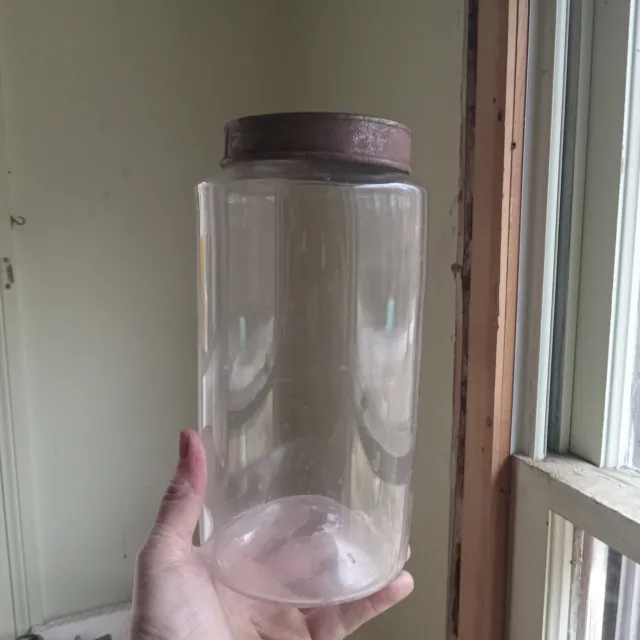 Pontiled 10" Early Blown Glass Apothecary Storage Pantry Jar &Original Tin Lid