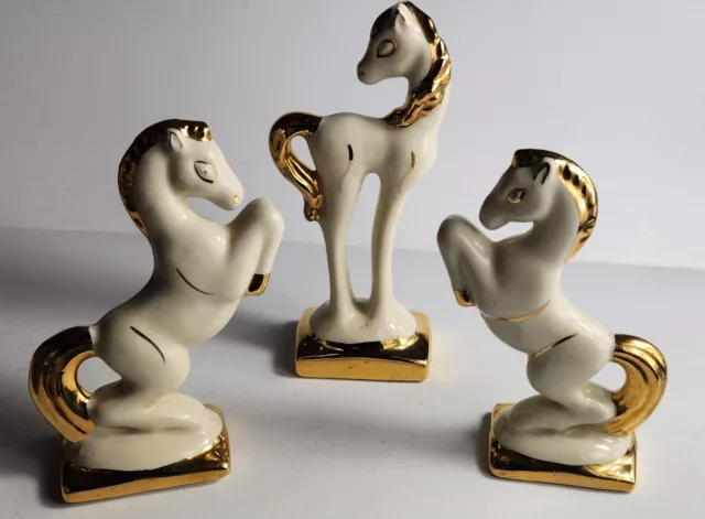 Vintage Art Deco Rearing Horse Ceramic Statue White Gold Crackle Glaze set of 3