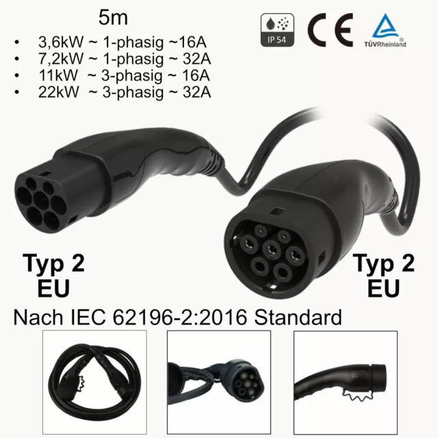 Elektroauto Ladekabel Typ 2 5m IP54 TÜV Wallbox Tesla BMW Zoe 3.6/7.2/11/22kW