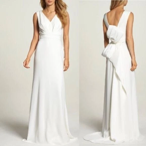New Tadashi Shoji Chandler Bow Back Crepe A Line Bridal Wedding Dress White 12
