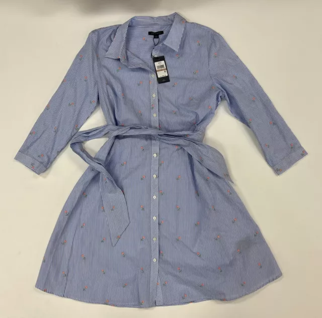 Tommy Hilfiger Blue Pinstripe Shirt Dress Pink Embroidered Flowers Size 12