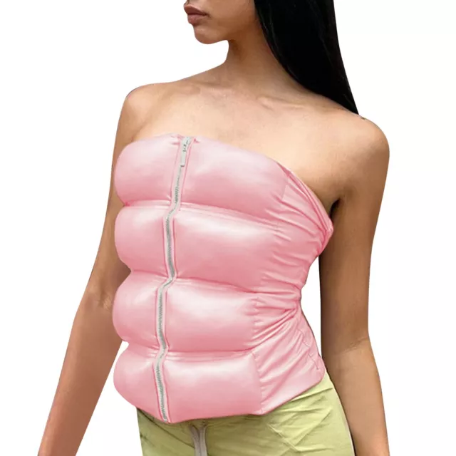 Womens Padded Sexy Sleeveless Bandeau Zipper Tube Vest Slim Fit Waistcoat Tops