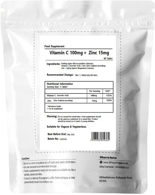 VITAMIN C + Zinc 90 Tablets Immune System Support High Strength