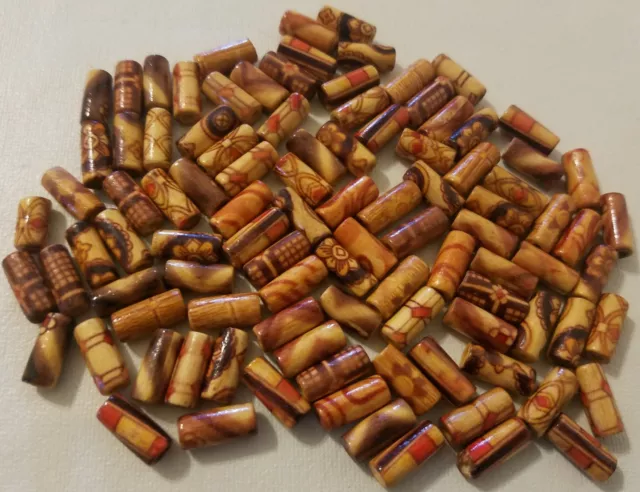 100 Vtg Small 11mm Tube Ethnic Pattern Wood Micro Macrame Craft Jewelry Beads