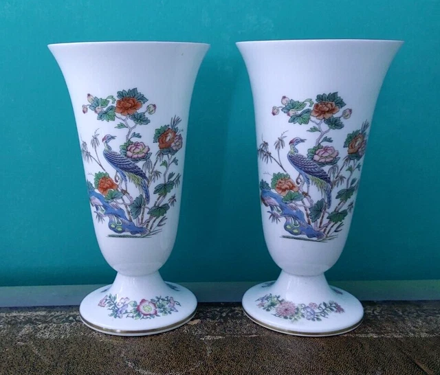PAIR WEDGWOOD KUTANI Crane Vases Fine Bone China Large Pink Green Blue