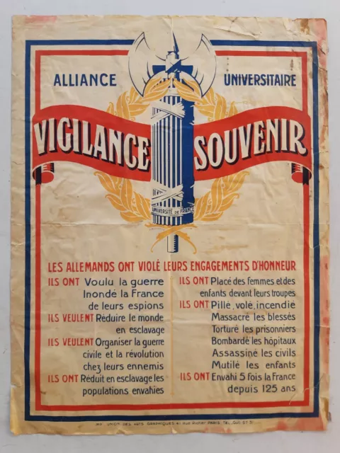 Ancienne affiche Propagande VIGILANCE SOUVENIR anti-allemands WW1 guerre 1914-18