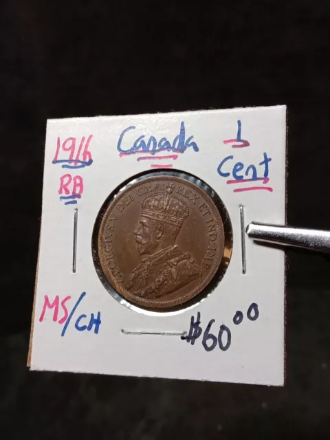 👉1916 1C Canada One Cent Red Brown MS CHOICE   A/50