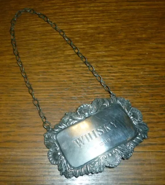 Vintage Solid Silver Whisky Decanter Label, D J Silver Repairs, London 1975