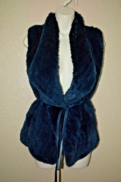 NWOT $950 Sz XS Vince Navy Blue Rabbit Leather Belted Vest