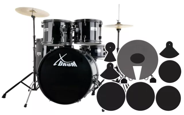 Kit Batterie Acoustique 22'' Ensemble Complet Tabouret Sourdine Cymbales Noir