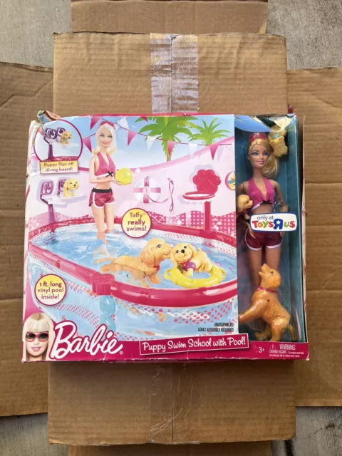 FASHION DOLL 2009 Barbie PUPPY SWIM SCHOOL Playset Pool Dive Board 3 Dogs NRFB