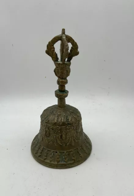 Vintage Heavy Ornate Decorative Brass Bell With Crown On Handle