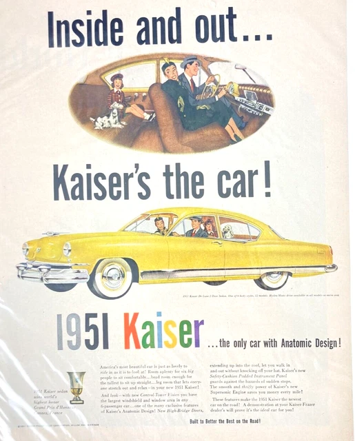 Vintage KAISER Sedan Only Car With Anatomic Design   1951 Magazine Print Ad BG24