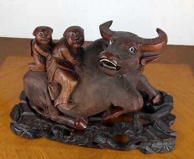 Asian Hand Carved Water Buffalo Wood Figure Statue Ox Bull Ornate Art Prop