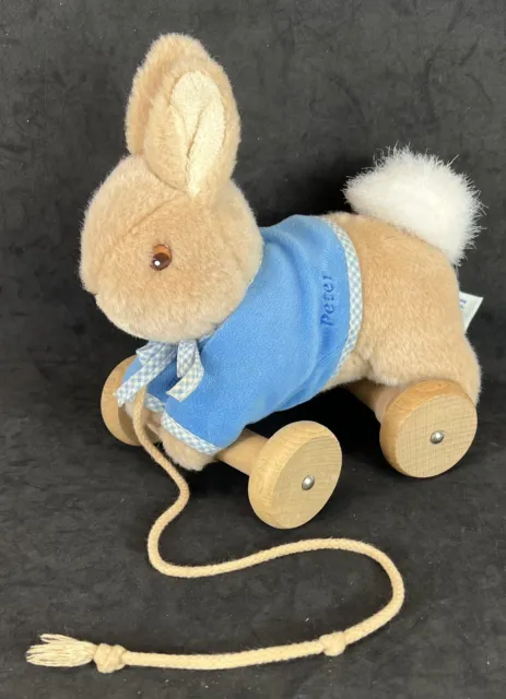 2011 Pull Along Plush Peter Rabbit With Wooden Wheels - 18cm x 12cm x 19cm