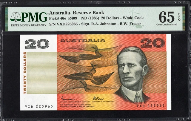 Australia 20 Dollars P46e R409 1985 Johnston Fraser PMG65 Gem UNC EPQ Banknote